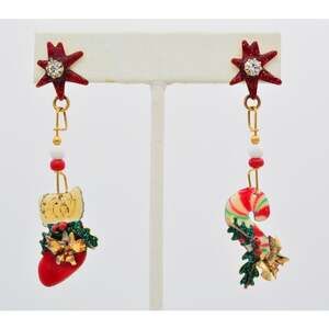 Lunch At The Ritz Christmas Earrings Stocking Candy Cane Holiday Signed BinH